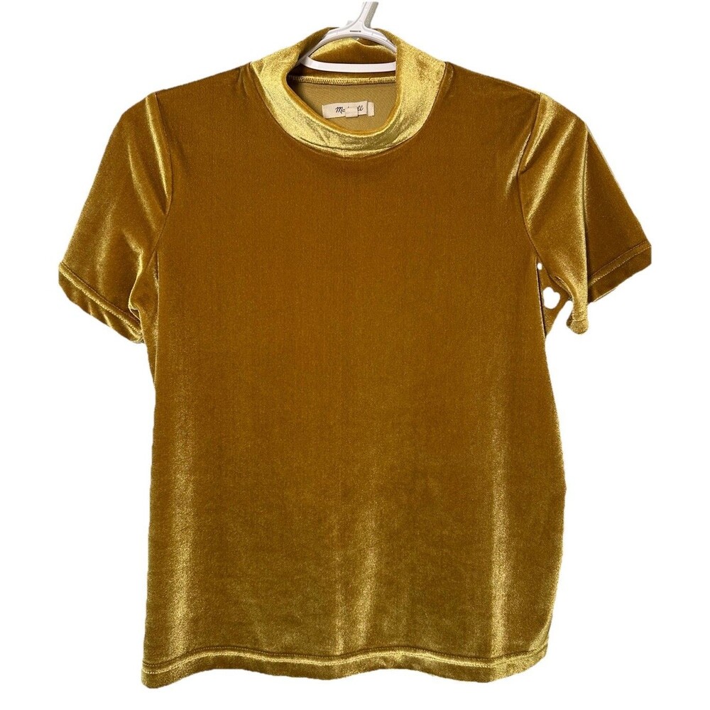 Madewell XS Gold Velvet Short Sleeve Stretch Top Crew Neck Soft Velour